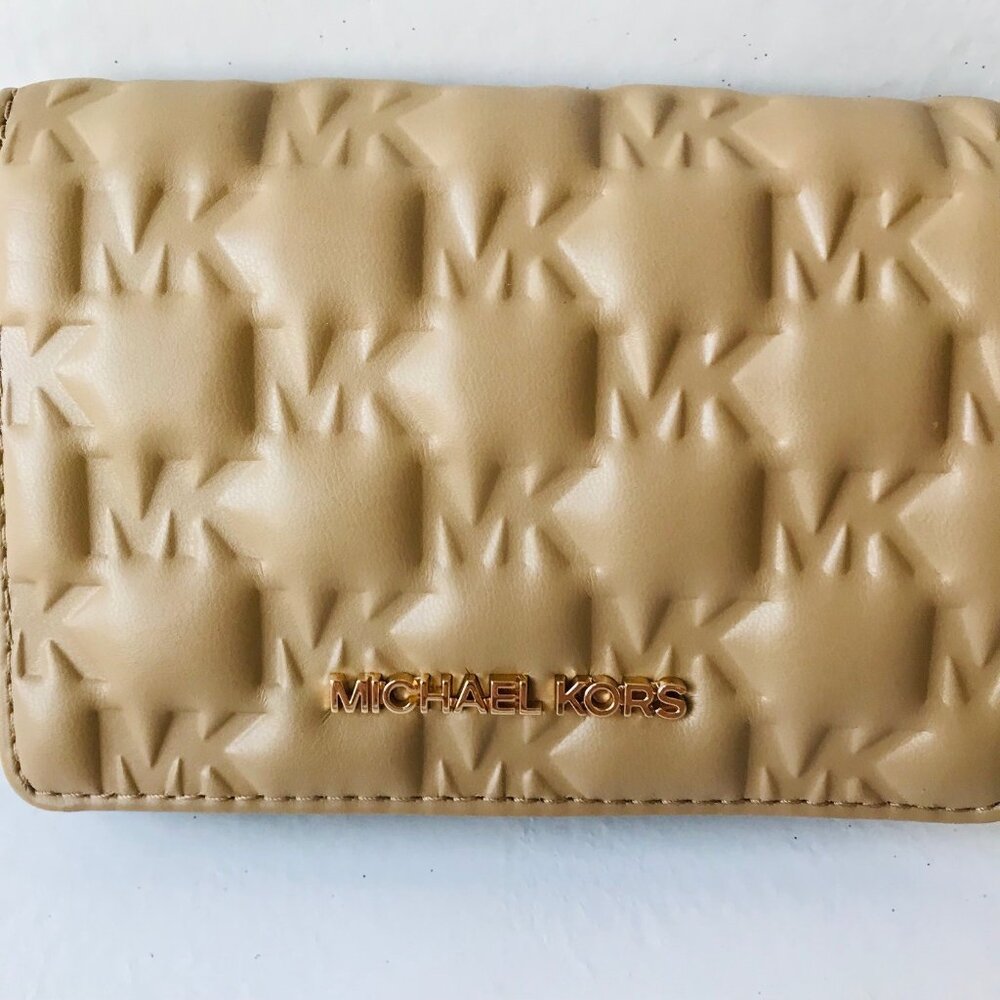 MICHAEL KORS JET SET MD Slim Wallet Camel  MK LOGO ID window  Zip Coin Pocket - Picture 2 of 9